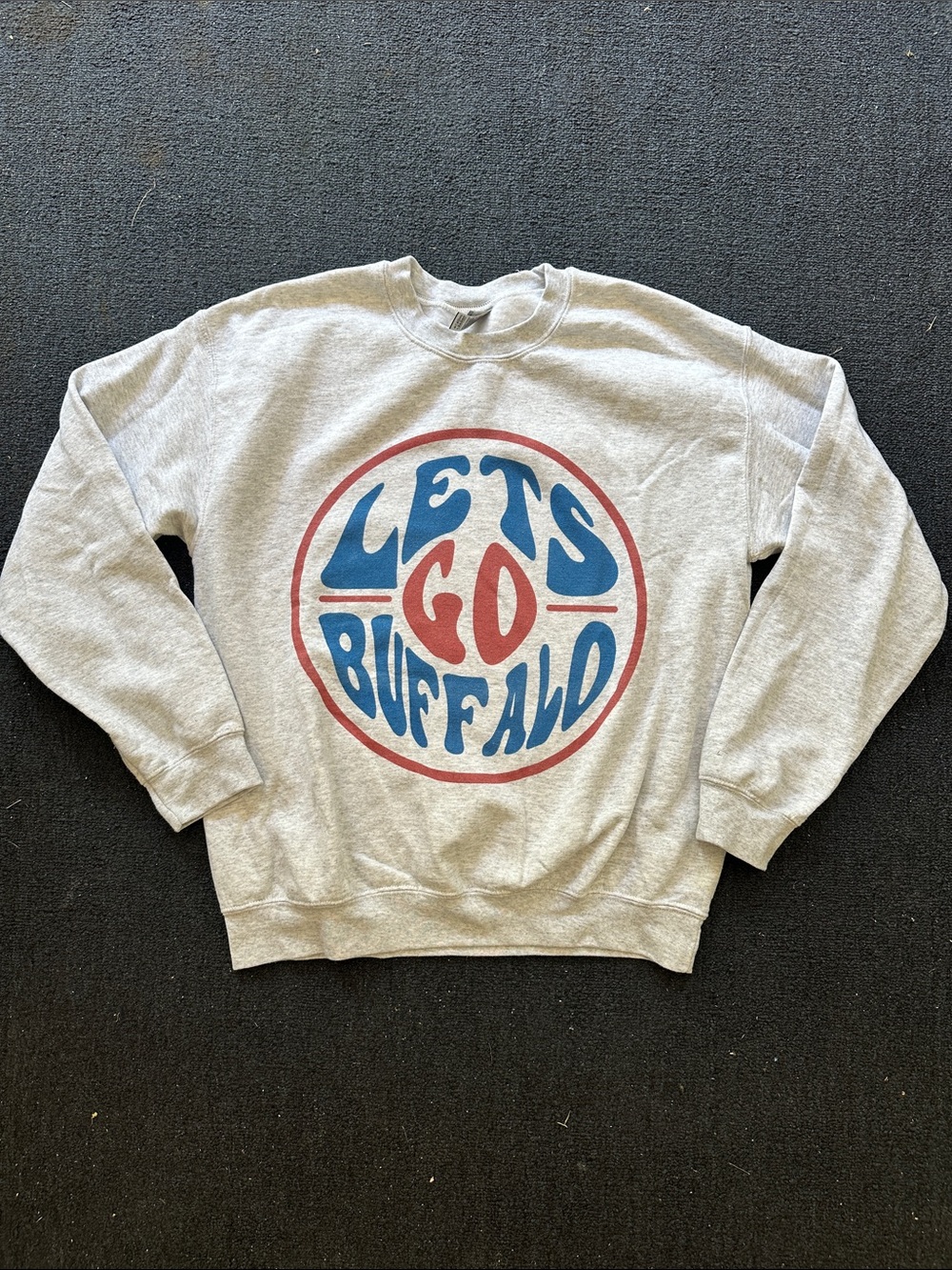 Gildan Gray Crewneck Sweatshirt with Red & Blue 'LET'S GO BUFFALO' Graphic